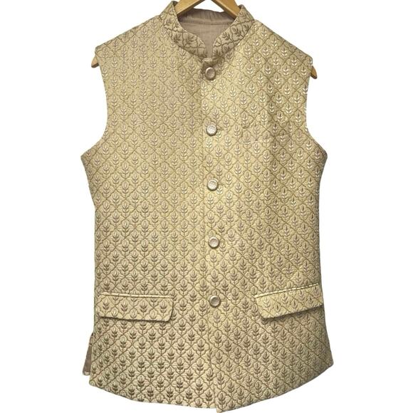 Rivesse Indian Waistcoat Bandi Nehru Jacket Gold Metallic Thread Mens Medium - Picture 1 of 7